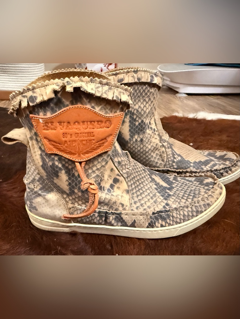 El Vaquero Apache Python Print Leather Bootie in Taupe & Charcoal